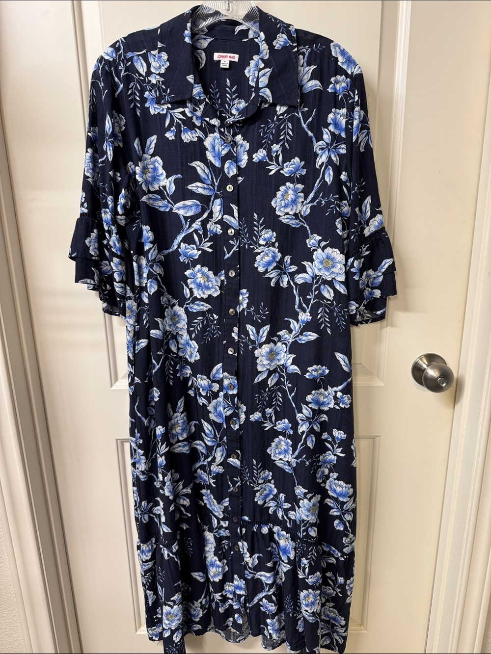 Johnny Was Navy and Blue Floral Midi Shirt Dress